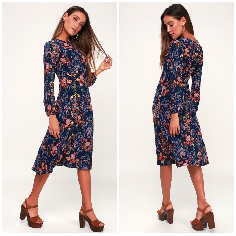 I. Madeline Navy Blue Floral Print Midi Dress